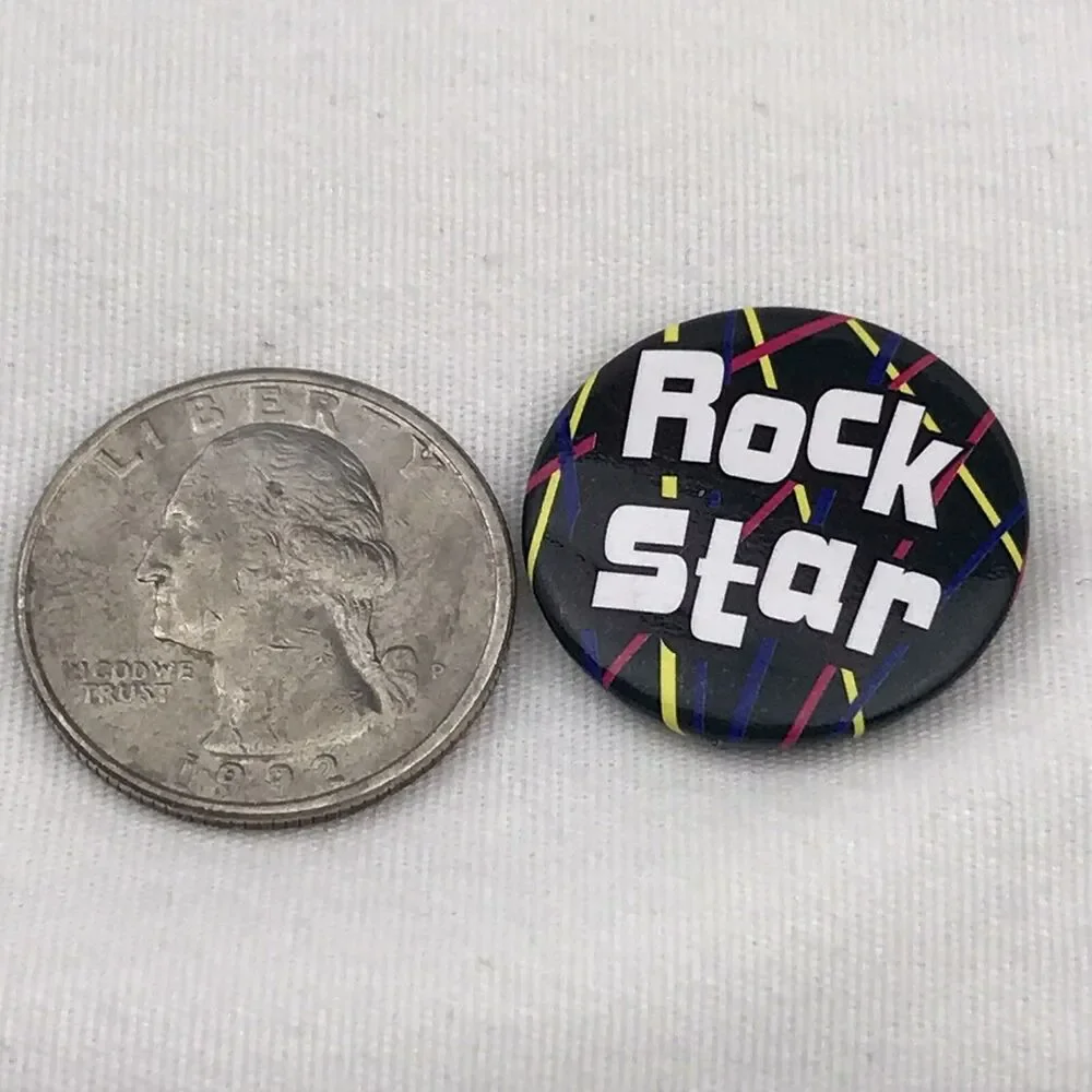 Pin Back Button Rock Star Black Yellow Pink Blue Retro Music Fan Accessory